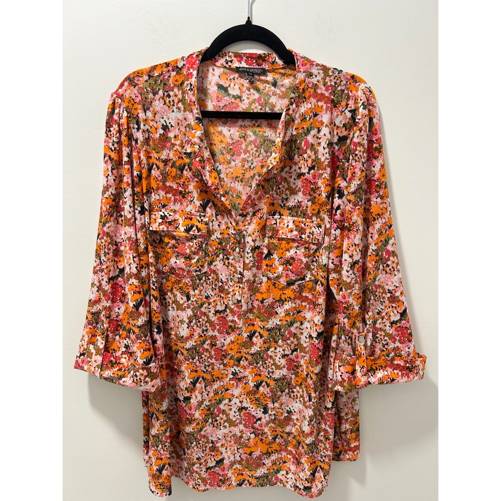 Ava & Grace Woman Floral Roll Tab Sleeve Blouse Orange Pink 2X